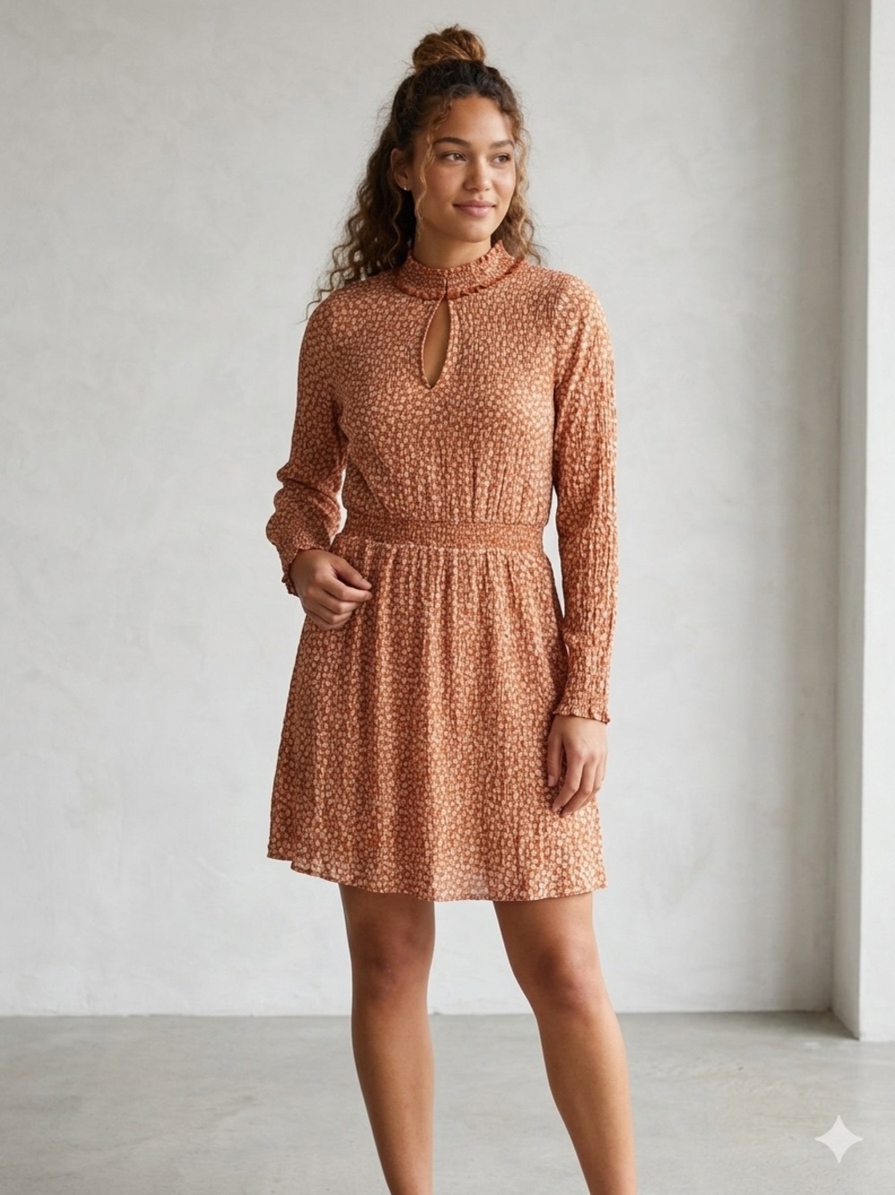 Hem & Thread Rust Long-Sleeve Keyhole Smocked Dress